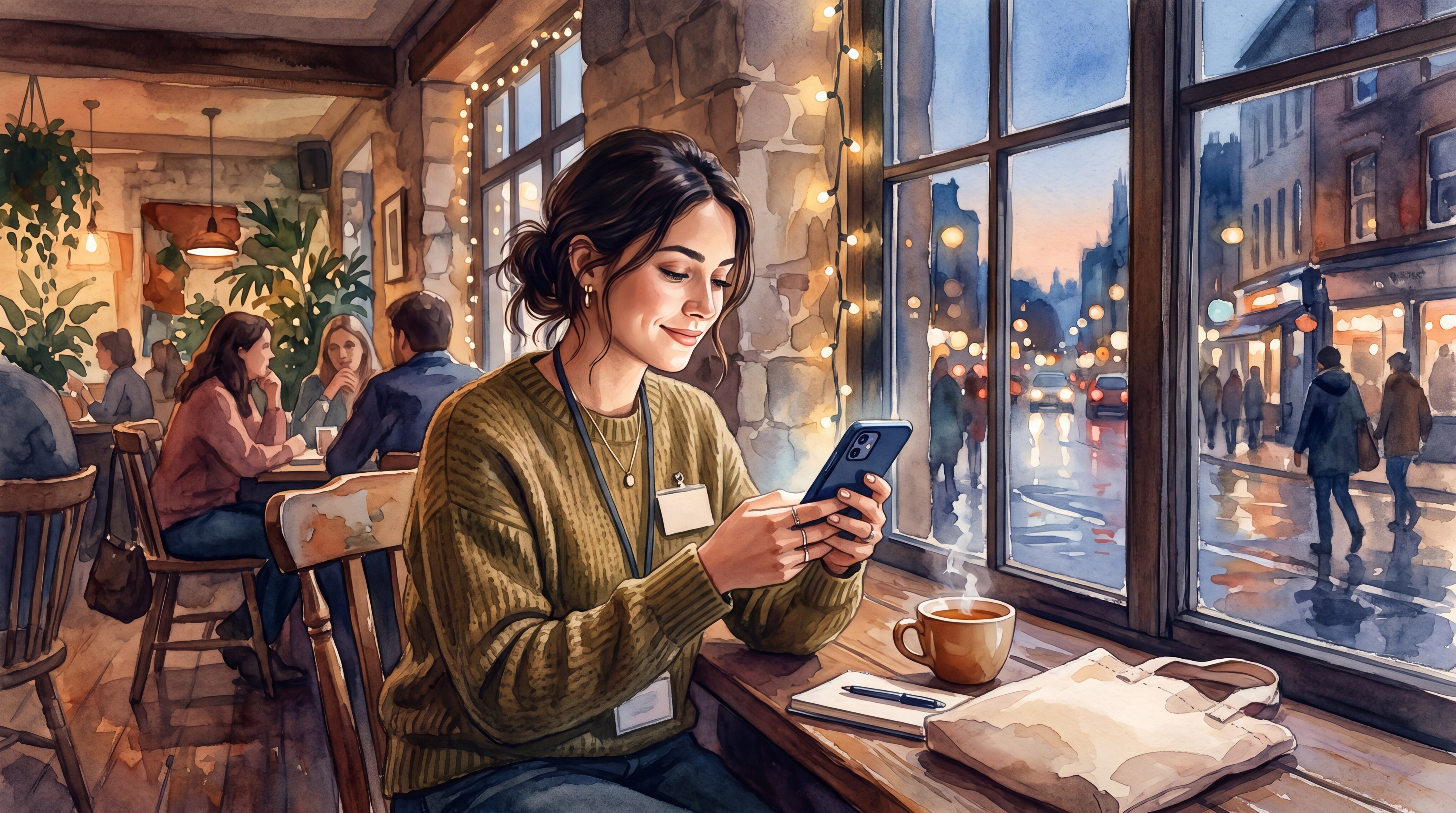 A person calmly using a phone near a cafe window after an event